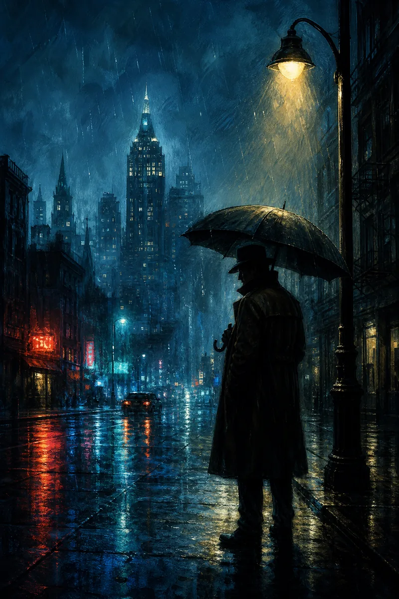 《雨夜回声》海报，雨夜街灯下一名撑伞侦探的孤独剪影